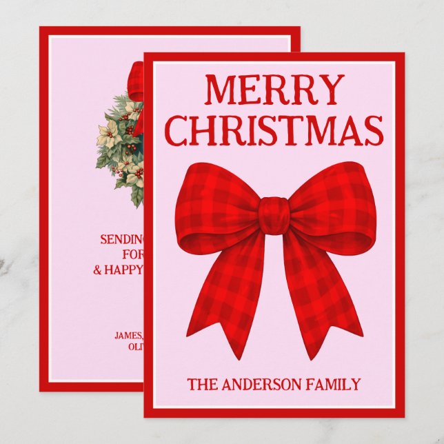 Merry Christmas Red Gingham Bow Holiday Card (Front/Back)