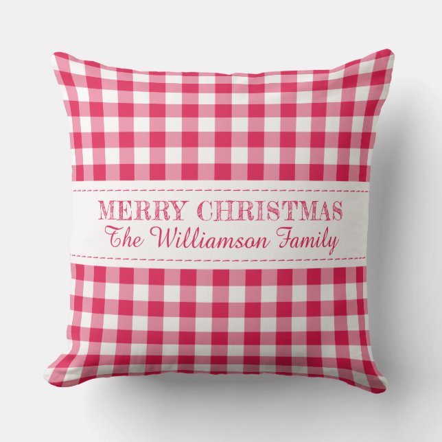 Merry Christmas Red Gingham Monogram Name Outdoor Pillow (Front)