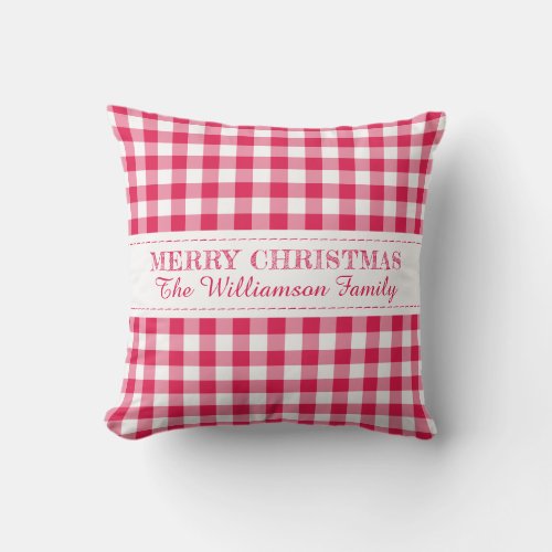 Merry Christmas Red Gingham Monogram Name Outdoor Pillow