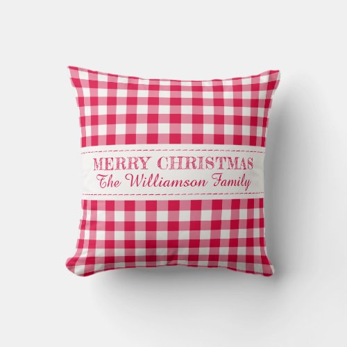 Merry Christmas Red Gingham Monogram Name Throw Pillow