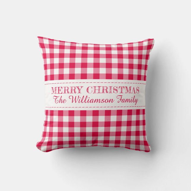 Merry Christmas Red Gingham Monogram Name Throw Pillow (Front)