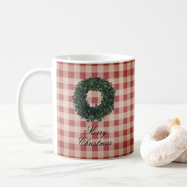 Merry Christmas Red Gingham Plaid Wreath Coffee Mug (With Donut)