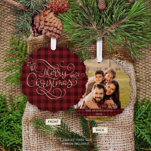 Merry Christmas Red Gingham Script Photo Ornament Card