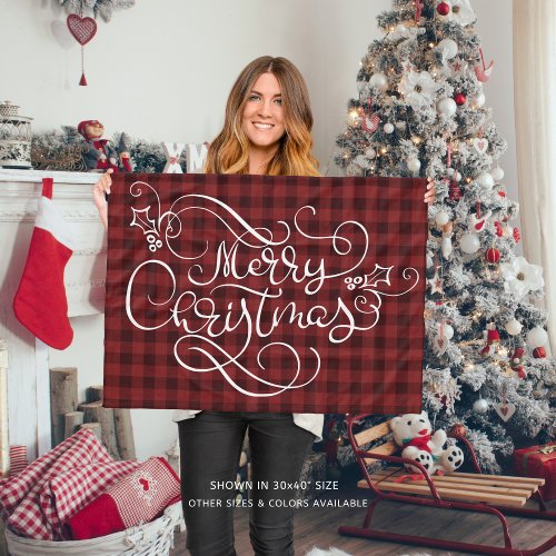 Merry Christmas Red Gingham Script Typography Fleece Blanket