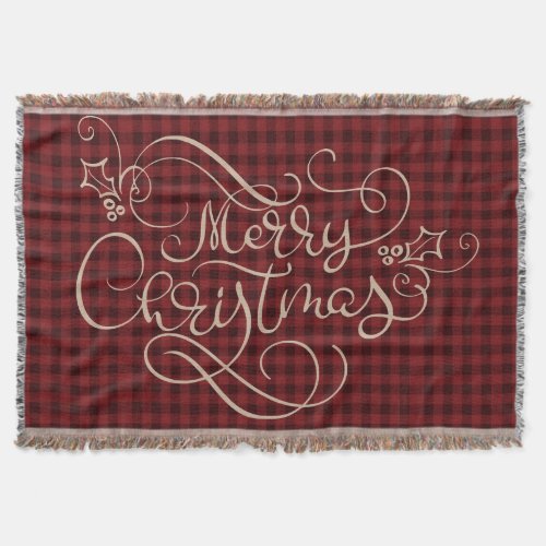 Merry Christmas Red Gingham Script Typography Throw Blanket