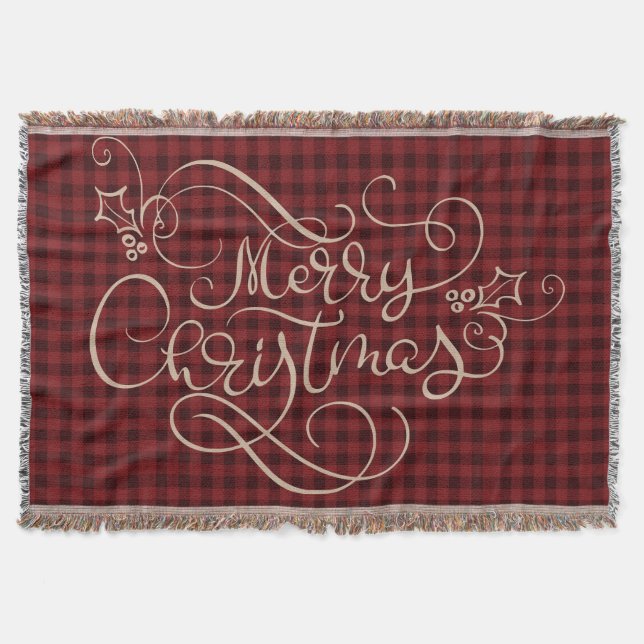 Merry Christmas Red Gingham Script Typography Throw Blanket (Front)