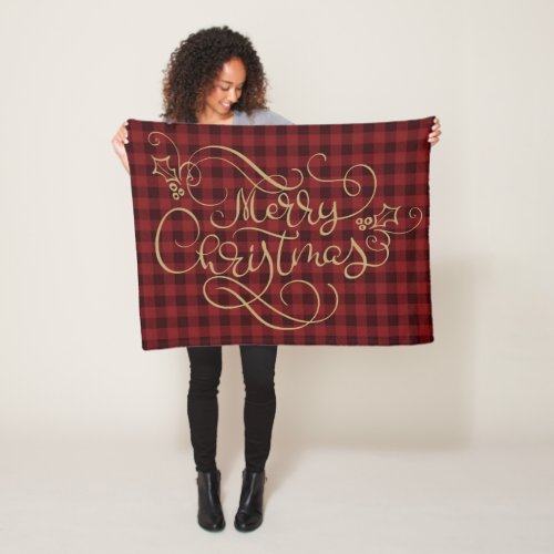 Merry Christmas Red Gingham Tan Script Fleece Blanket