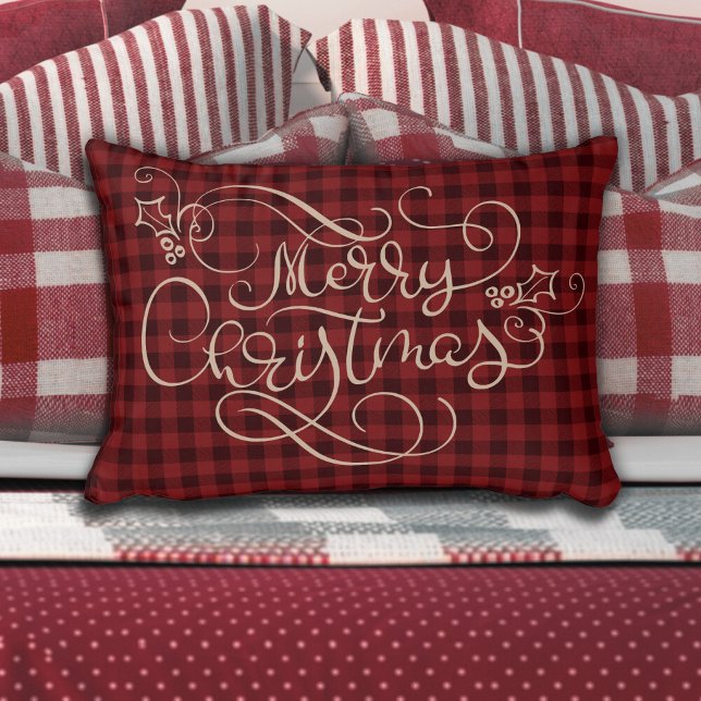 Merry Christmas Red Gingham Tan Script Typography Accent Pillow (Creator Uploaded)