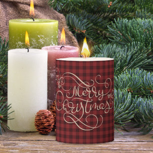 Merry Christmas Red Gingham Tan Script Typography Pillar Candle