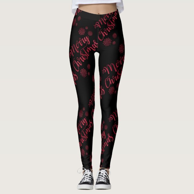 Merry Christmas Red Glitter Black Leggings (Front)