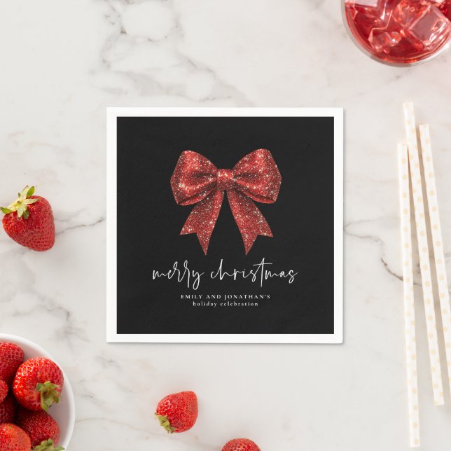 Merry Christmas Red Glitter Coquette Bow Black Napkins (Insitu)