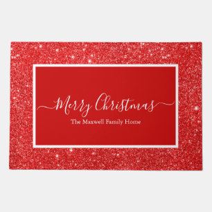 Merry Christmas red glitter family name Doormat