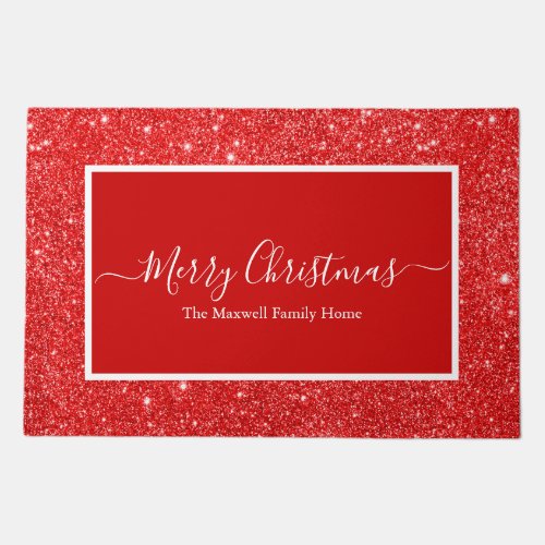 Merry Christmas red glitter family name  Doormat