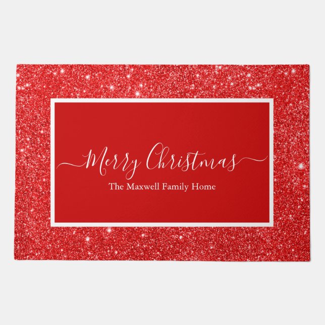 Merry Christmas red glitter family name  Doormat (Front)