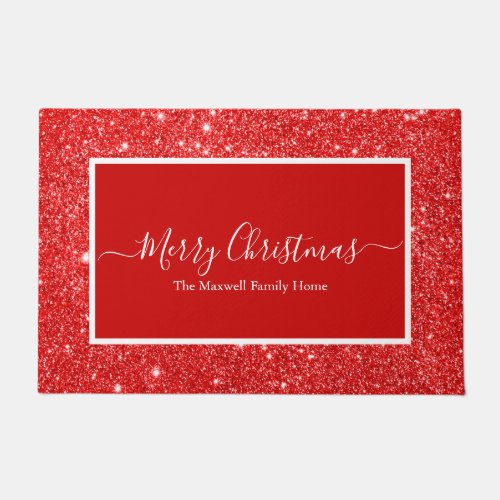 Merry Christmas red glitter family name  Doormat