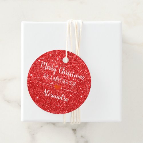 Merry Christmas red glitter name Favor Tag