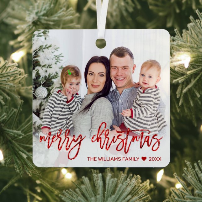 Merry Christmas Red Glitter Script Family Photo Metal Ornament (Insitu)