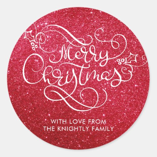 Merry Christmas Red Glitter Script Typography Classic Round Sticker