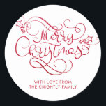 Merry Christmas Red Glitter Script Typography Classic Round Sticker<br><div class="desc">Personalized Christmas stickers with the greeting MERRY CHRISTMAS in a retro and elegant calligraphy script typography in faux red glitter. Utilize as gift tags or return address envelope seals. ASSISTANCE: For help with design modification or personalization, color change, transferring the design to another product or if you would like coordinating...</div>
