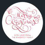 Merry Christmas Red Glitter Script Typography Classic Round Sticker<br><div class="desc">Personalized Christmas stickers with the greeting MERRY CHRISTMAS in a retro and elegant calligraphy script typography in faux red glitter. Utilize as gift tags or return address envelope seals. ASSISTANCE: For help with design modification or personalization, color change, transferring the design to another product or if you would like coordinating...</div>
