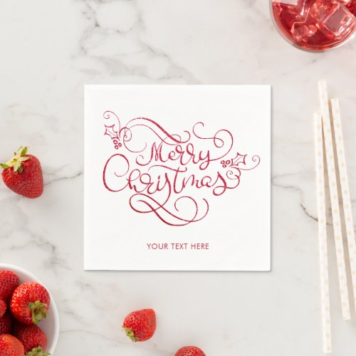 Merry Christmas Red Glitter Script Typography Napkins