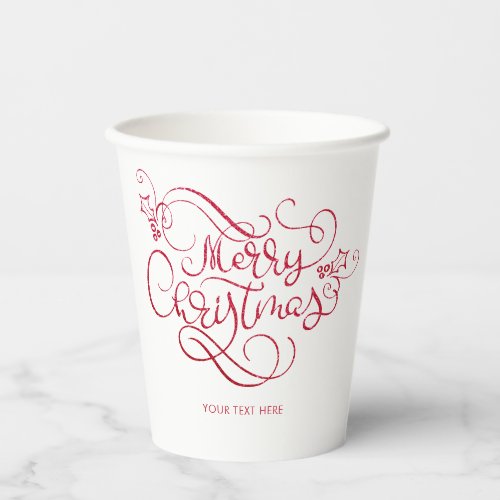 Merry Christmas Red Glitter Script Typography Paper Cups