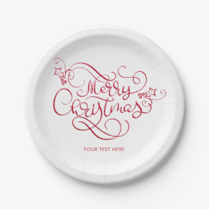 Merry Christmas Red Glitter Script Typography Paper Plates