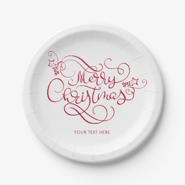 Merry Christmas Red Glitter Script Typography Paper Plates (Front)