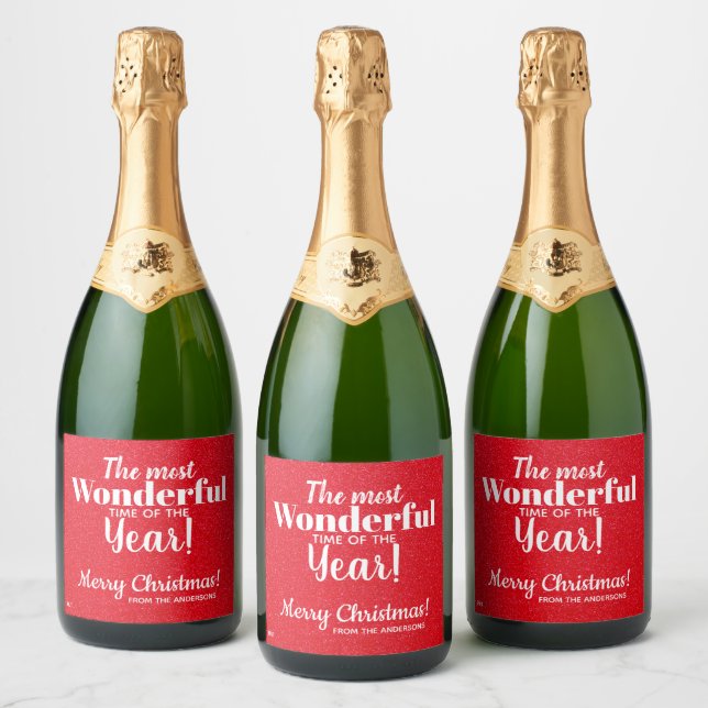 Merry Christmas Red Glitter Sparkling Wine Label (Bottles)