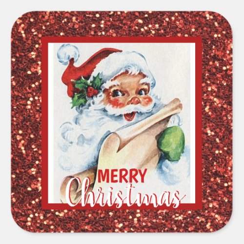 Merry Christmas Red Glitter Vintage Santa Claus Square Sticker