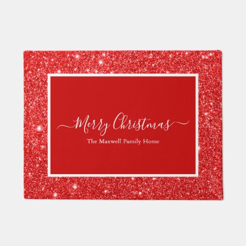 Merry Christmas red glitter white family name Doormat
