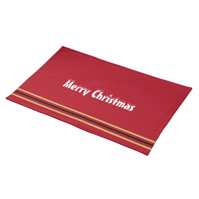 Merry Christmas Red Gold Black Stripes Cloth Placemat (On Table)