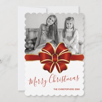 Merry Christmas | Red Gold Bow Holiday Photo Card