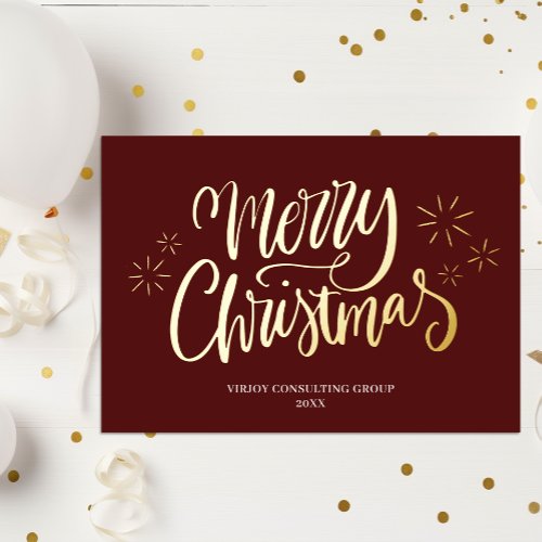 Merry Christmas Red Gold Calligraphy Business Foil Holiday Card