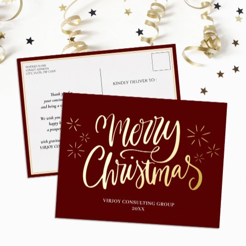 Merry Christmas Red Gold Calligraphy Business Foil Holiday Postcard