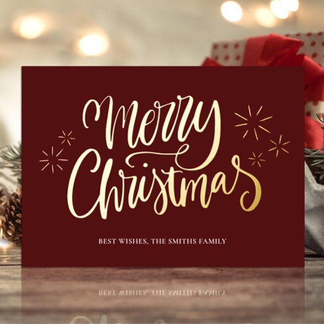 Merry Christmas Red Gold Calligraphy Non Photo Foil Holiday Card (Creator Uploaded)