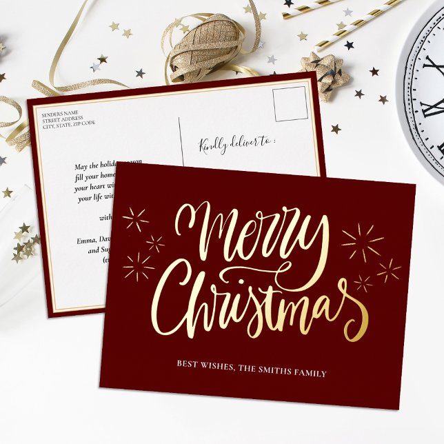 Merry Christmas Red Gold Calligraphy Non Photo Foil Holiday Postcard (Creator Uploaded)