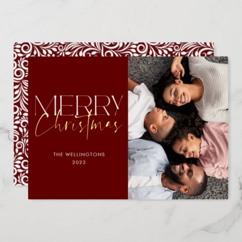 Merry Christmas Red Gold Calligraphy Photo Floral Foil Holiday Card
