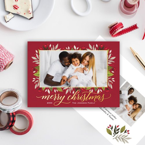 Merry Christmas Red Gold Elegant Script Foil Holiday Card