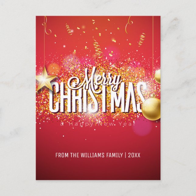 Merry Christmas Red Gold Glitter Star Modern Photo Holiday Postcard (Front)
