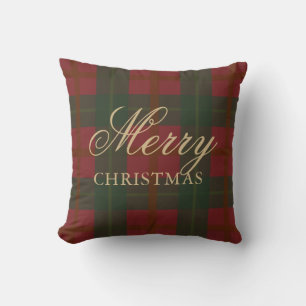 Merry Christmas Red Gold Green Tartan Throw Pillow