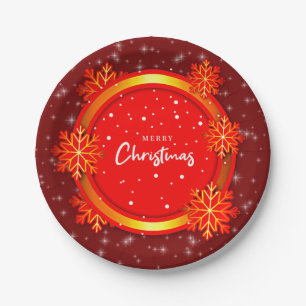 Merry Christmas Red Gold Snowflakes 7" Paper Plates
