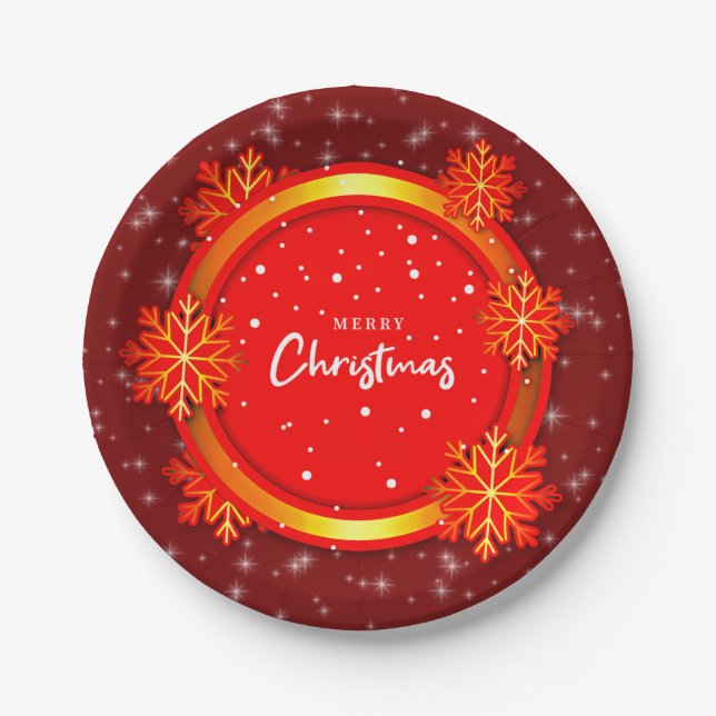 Merry Christmas Red Gold Snowflakes 7" Paper Plates (Front)