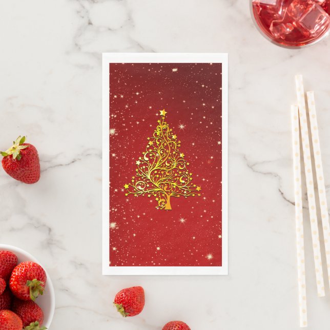 Merry Christmas Red Gold Tree Stars  Paper Guest Towels (Insitu)