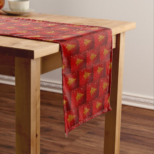 Merry Christmas Red Gold Tree Stars Short Table Runner