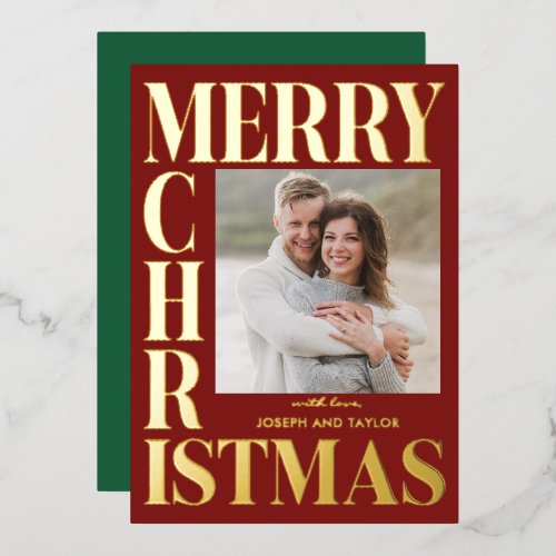 Merry Christmas Red Gold Typography Square Photo Foil Holiday Card