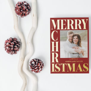 Merry Christmas Red Gold Typography Square Photo Foil Holiday Card