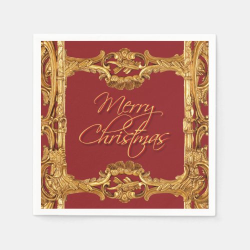 Merry Christmas red gold vintage ornate greeting Napkins