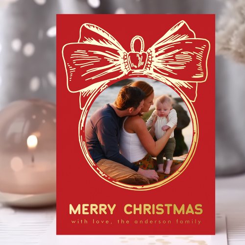 Merry Christmas Red Golden Multi Photo Ornament Foil Holiday Card