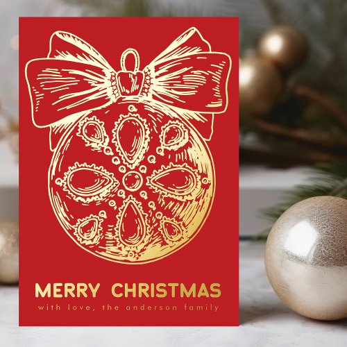 Merry Christmas Red Golden Ornament  Photo Foil Holiday Card